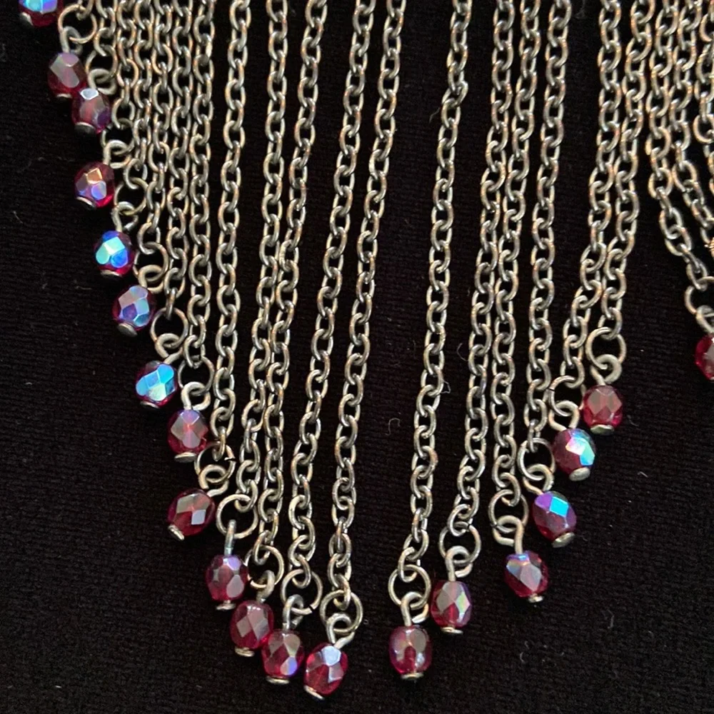 Vintage Iridescent red crystal gun metal chain fringed necklace